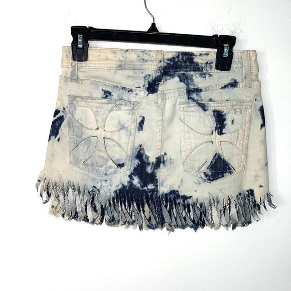 Habitual Tie Dye Mini Skirt Womens Size 25 Denim Fringe Cotton Blue Made In USA - Picture 9 of 11